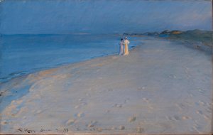 Dinamarquesa:  Noite de verão na praia do Sul de Skagen. Anna Ancher e Marie Noite de verão na praia do Sul, em Skagen. Anna Ancher e Marie Krøyer

 (estudo) de Peder Severin Krøyer