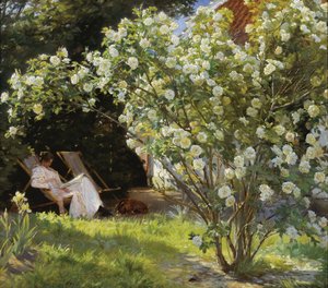 Rosas. Marie Krøyer sentada na espreguiçadeira no jardim ao lado da casa da Sra. Bendsen de Peder Severin Krøyer