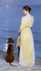 Noite de verão em Skagen. A esposa do artista com cachorro na praia de Peder Severin Krøyer