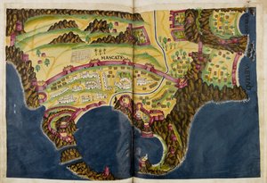 Abaixo ilustração portuguesa de Mascate, do manuscrito Livro do Estado da Índia Oriental de Pedro Barreto de Resende, Sloane MS 197