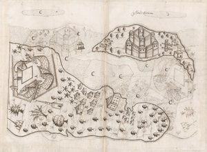 Plano português das ilhas do Barém, Livro do Estado da Índia Oriental de Pedro Barreto de Resende, Sloane MS 197, f.165v-166r (caneta e tinta sobre papel)