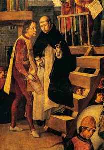 Condenado vai ao tribunal da Inquisição, detalhe da Autodafe presidida por San Domenico Guzman por Pedro Berruguete (cerca de 1450-cerca de 1504)