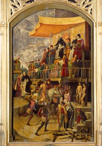 Inquisição "Autodafe preside por Santa Domingas de Guzman (1170-1221), fundadora da Ordem Dominicana" Pintura sobre madeira por Pedro Berruguete (1450-1504) 1495 Sol. 1,54x0,92 m Madrid, Musee du Prado
