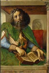 Retrato de Platão (428-348 a.C.), filósofo da Grécia antiga. (h s/ madeira 1,01 x 0,69) pintura de Berruguete Pedro (1450-1504).