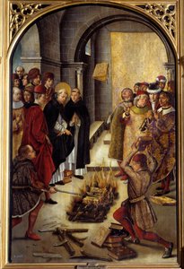 Saint Dominique e os Albigeois (Le Miracle des Fanjeaux): o santo dá aos Albigeese o livro refutando sua heresia e os Albigeers tentam queimá-lo, sem sucesso. Pintura de Pedro Berruguete (1450-1504). Sol do século XVI. 1,22 x 0,83 m Madrid,