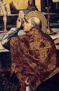 A Eucaristia (O santo eleva a hóstia, símbolo cristão do corpo de Cristo). Detalhe do retábulo da Missa de Gregório I, chamada de Grande ou Diálogo (540-604) Papa em 590. Pintura de Pedro BERRUGUETE (1450-1504). Pintura renascentista, catalão