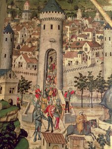 Retábulo de São Jordi, detalhe mostrando a conquista da cidade de Maiorca pelo exército de James I de Pedro Nisart