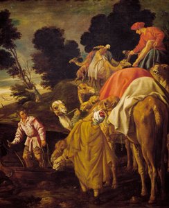 Caravana de camelos, detalhe de Rebecca deixou Eliezer beber bem, pintura de Pedro Orrente (cerca de 1580-1645), Espanha