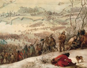 Cerco de Aire no lírio (Aire-sur-la-Lys no departamento de Pas de Calais Norte) pelo Exército Espanhol em 1641. Detalhe. Pintura por Peter Snayers (1592-1667). 1653.
