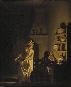 Le test des oeufs, interieur de cuisine - Testando Ovos. Interior de uma cozinha, por Hillestrom, Pehr (1732-1816). Óleo sobre madeira. Dimensão : 39x32 cm. Nationalmuseum Estocolmo de Pehr Hilleström