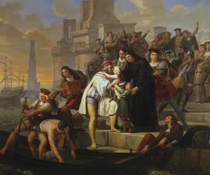 Cristóvão Colombo abraçando seus dois filhos e recomendando-os ao Padre Giovanni Perez antes de deixar Palos para a viagem de descoberta da América de Pelagio Palagi
