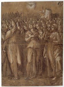 Santa Úrsula com as virgens martirizadas (caneta e tinta marrom realçada com a cor do corpo branca sobre papel lavado de marrom) de Pellegrino (c.1460 1523) Aretusi