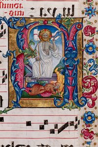 Biblioteca Piccolomini: livro coral, código. 101.7, ff. 14r com "Ressurreição de Cristo", de Pellegrino di Mariano. Detalhe.