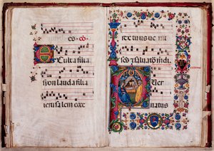 Biblioteca Piccolomini: livro coral, código. 102.8, ff. 47v-48r com "Natividade", de Pellegrino di Mariano.