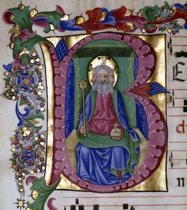 A Santíssima Trindade: Deus Pai em Sua Majestade entronizado, segurando Orbe e Cetro, representado com três faces, dentro de um "B" inicial, c.1480