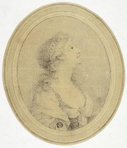 Retrato a meio comprimento de uma mulher de perfil, virada para a direita