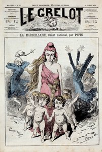 Um dos "sinos" representando uma alegoria do hino nacional "La Marseillaise" avançando enquanto os nobres entupem os ouvidos enquanto fogem. Ilustração de Pepin. 10/02/1878. Coleção Particular