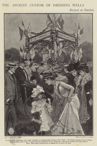 O antigo costume de vestir poços revividos em Buxton, Derbyshire (litho)