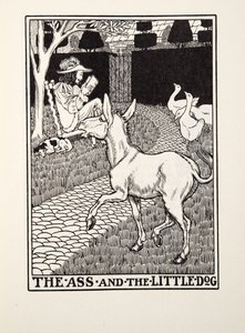 O burro e o cão pequeno, de fábulas de Fontaine, bar. 1905