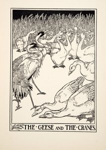 Os gansos e os guindastes, de cem fábulas de Esopo, pub.1903 de Percy J. Billingshurst