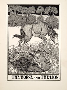 O cavalo e o leão, de cem fábulas de Esopo, pub.1903