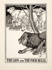 The Lion and the Four Bulls, de A Hundred Fables of Aesop, pub.1903 (gravura) de Percy J. Billingshurst