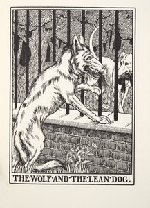 The Wolf and the Lean Dog, de Fontaine Fables, pub. 1905 (gravura) de Percy J. Billingshurst