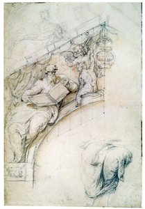 Decoração de uma parede sobre um arco de entrada com um Profeta e dois Puttos, c1525