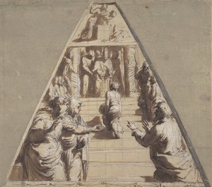 Apresentação da Virgem no Templo abaixo, Abraão prestes a sacrificar Isaac acima, 1520. de Perino del Vaga