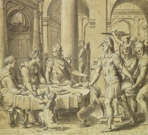 O Banquete de Dido e Aeneas, modelo para uma tapeçaria na série História de Enéias, c.1532 (caneta e tinta sobre papel)
