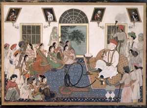 Um europeu, provavelmente Sir David Ochterlony (1758-1825), em trajes indianos, fumando um narguilé e assistindo a um nautch em sua casa em Delhi, c.1820 (tinta e cor no papel) de Persian School
