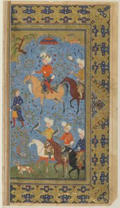 A Royal Hunt from a Shahnama (Livro dos reis) por Firdawsi, c.1590-1600 (tinta, aquarela opaca e ouro sobre papel) de Persian School