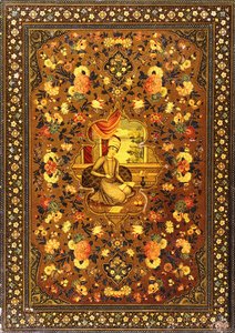 Capa de livro de Zand pintada com uma figura central sentada em um interior, cercada por sprays florais, em meados do século XVIII de Persian School