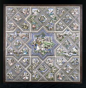 Um painel de cerâmica, representando a caça ao Bahram Gur, e várias outras figuras em uma variedade de cenas, no final do século XIX de Persian School
