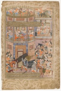 Ali levanta os portões de Qamus, de um Rawzat al-safa, 1571-72 de Persian School