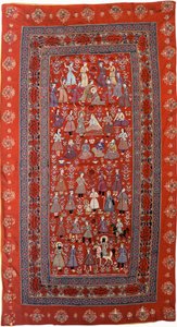 Um enforcamento bordado de toalha de rosto de lã vermelha com fileiras de figuras representando a vida de Joseph de Persian School