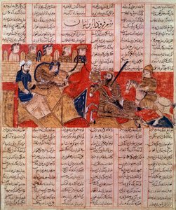 Art Iran (Pérsia): miniatura de um manuscrito do Shah Nqmeh, o rei Bahram Gour mata o governante dos Touranianos. manuscrito de 1341. Coleção privada. de Persian School