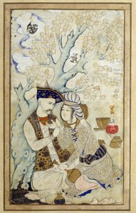 Art Islamismo: Retrato do Shah Abbas I abraçando uma das suas páginas. Desenho persa de 1672. Dim: 0,16 x 0,27m. Paris, Musee Du Louvre de Persian School