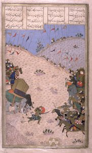 Bahram Chubina, seu elefante morto, brigas a pé, ilustração do Shahnama (Livro dos Reis), de Abul-Qasim Manur Firdawsi (c.934-c.1020) c.1440-45 (caneta, tinta e wc em velino) de Persian School