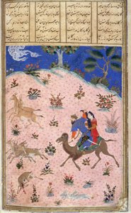 Bahram Gur Caça Com Azada, ilustração do Shahnama (Livro dos Reis), de Abul-Qasim Manur Firdawsi (c.934-c.1020) c.1440-45 (caneta, tinta & wc em pergaminho) de Persian School