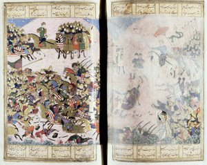 Batalha entre Isfandiyar e Arjasp, ilustração do Shahnama (Livro dos Reis), por Abul-Qasim Manur Firdawsi (c.934-c.1020) c.1440-45 (caneta, tinta e wc em pergaminho) de Persian School