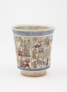 Copo representando o &39;Shahnama&39;, Kashan, Irã, Período Saljuq, final do século 12 (pasta de pedra pintada com esmalte e sobre esmalte) de Persian School