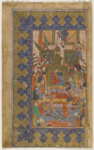 Bilqis entronizado de Khamsa (Quinteto), c.1560 (aquarela opaca, tinta e ouro sobre papel) de Persian School