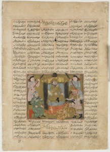 Morte de Sudaba nas mãos de Rustam, de um Shahnama (Livro dos Reis) de Firdawsi (d.1020) (aquarela opaca, tinta, ouro e prata sobre papel) de Persian School
