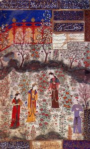 Primeira entrevista do Príncipe Houmay e da Princesa Houmayoun da China. Miniatura tirada de um poema de Kuradjou Kirmani realizado pela escola de Herat, por volta de 1430. Irão. Artes Decorativas, Paris de Persian School