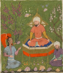 Fólio de Ajaib al-Makhluqat (Maravilhas da Criação) de al-Qazwini; recto: Haloed Figura Entronizado, Qazwin, Irã, c.1590-1600 (aguarela opaca, tinta e ouro sobre papel) de Persian School