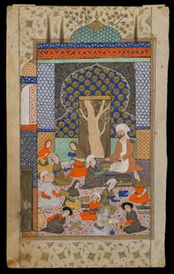 Folio de um Khamsa (Quinteto) por Nizami; recto: Layla e Majnun na escola, Irã, período safávida, c.1600-10 (aquarela opaca, tinta e ouro sobre papel) de Persian School