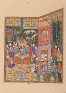 Fólio de um Shahnama (Livro dos Reis) de Firdawsi (d.1020); verso: Os enviados da Salm e Tur antes de Faridun, Shiraz, Irã, período Saravid, c.1560 (aquarela opaca, tinta e ouro sobre papel) de Persian School
