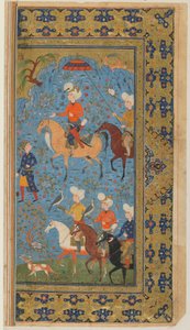 Fólio de um Shahnama (Livro dos Reis) de Firdawsi; A Royal Hunt, Irã, c.1590-1600 (aquarela, tinta e ouro opacos sobre papel) de Persian School