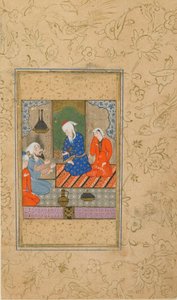 Folio de um Yusuf u Zulaykha por Jami (d. 1492); Zulaykha e um homem idoso ouvir uma conversa, possivelmente Mashhad, Irã, c.1560-70 (aquarela opaca, tinta e ouro no papel) de Persian School
